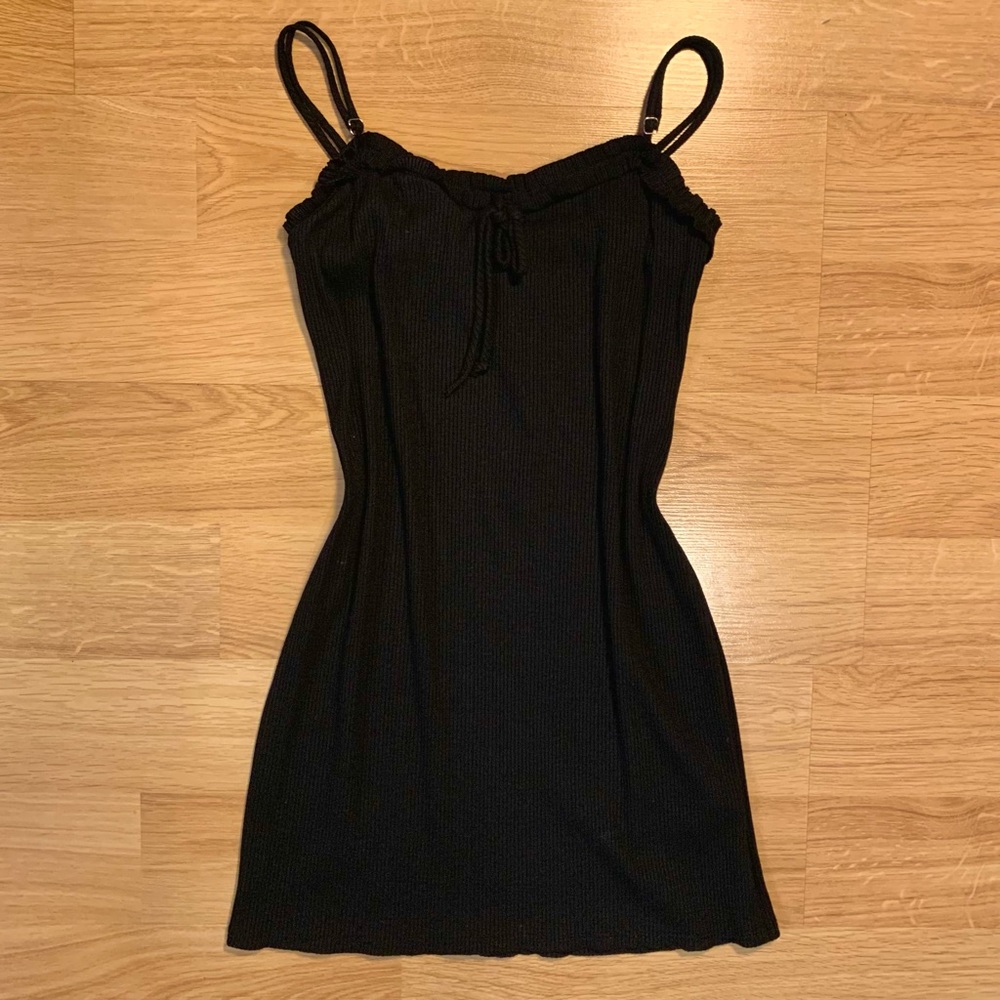 Urban Outfitters UO Black Ribbed Ruffle Spaghetti Strap Mini Dress Size S/XS